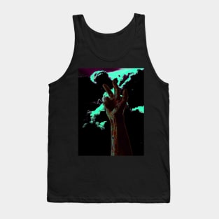 Digital collage and special processing. Hand near clouds. Holy trinity hand gesture. Light green and violet clouds. So beautiful. Tank Top